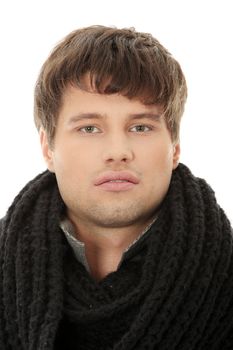 Portrait of handsome man in scarf and coat. Isolated on white background