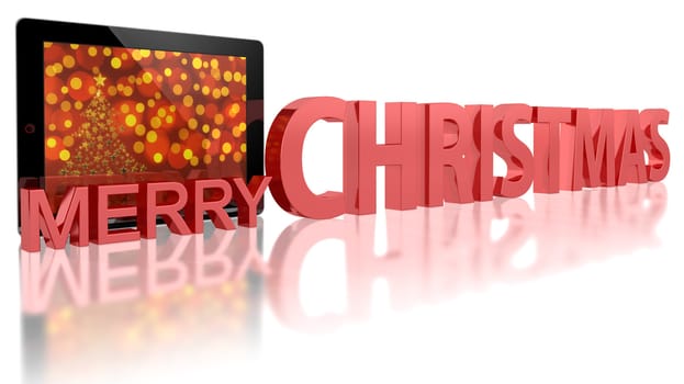 Tablet PC with Christmas tree and MERRY CHRISTMAS