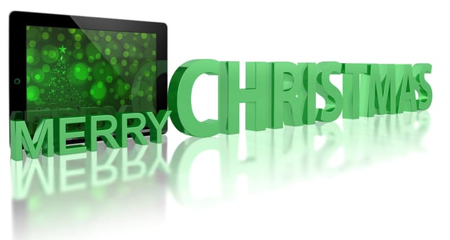 Tablet PC with Christmas tree and MERRY CHRISTMAS