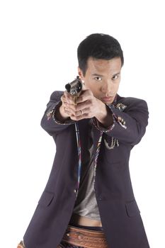 young Asian man with a gun, isolated over white