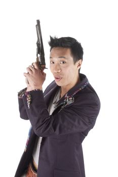 young Asian man with a gun, isolated over white