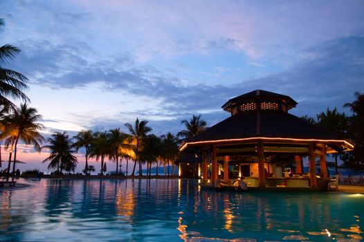 Evening in tropical hotel, silhouette of palm tree and swimming pool