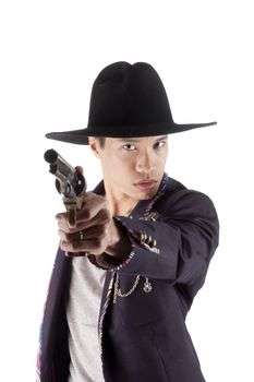 Asian man with a handgun pointed at viewer