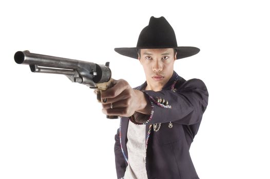 Asian man with a handgun pointed at viewer