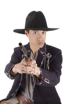 young asian man with a cowboy hat on and a pistol in his hand