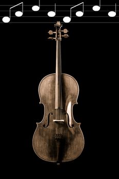 Sepia of a cello on a black background with white music notes