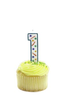 cupcake, isolated on white with a decorative candle in the shape of a number one and a lighter to light the candle