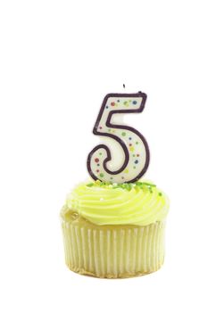cupcake, isolated on white with a decorative candle in the shape of a number five