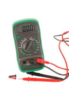 Green Digital Multimeter and leads reading zero, set on 200v AC range for domestic household voltage equipment