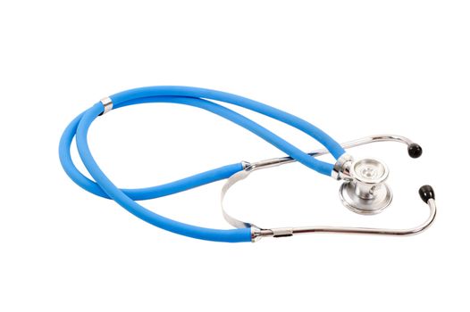 blue tubed stethoscope on a white background 