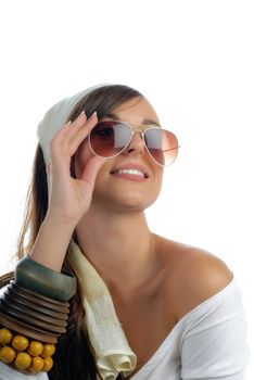 Closeup of a beautiful happy girl with sunglasses isolated on white with copy space