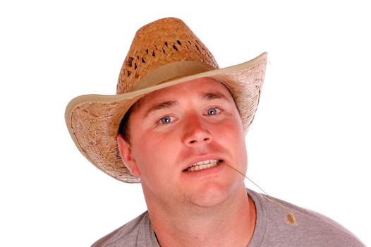  closeup headshot of an attractive  young man in straw cowboy hat
