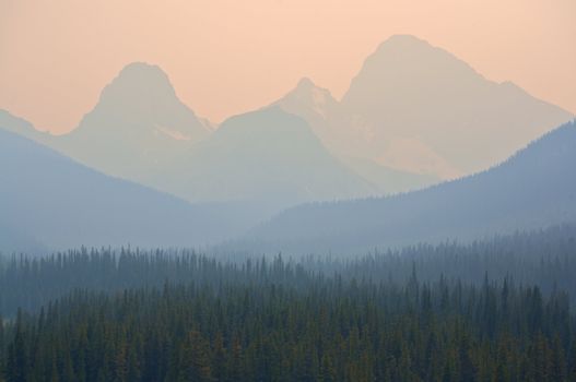 Forest fire smoke in the Rocky Mountains of Alberta