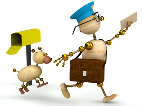 3d wood man postman runs from  dog