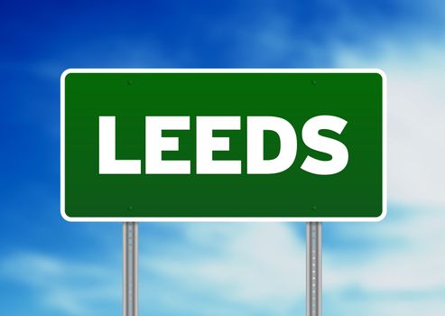 Green Leeds, England highway sign on Cloud Background.