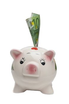 Piggy Bank with euro bill sticking out from it.