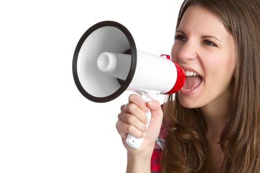 Young woman yelling into bullhorn