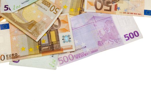 Euro bills on white background,recorded above them.