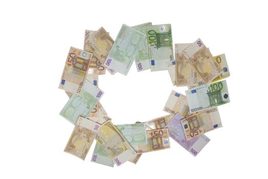 Euro bills on white background,recorded above them.