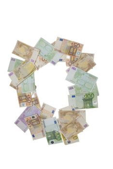 Euro bills on white background,recorded above them.