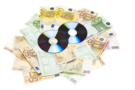Compact Disks with euros below them,on white background.