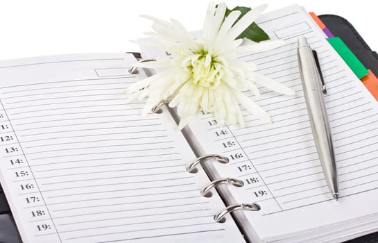 close-up opened notebook, pen and flower, isolated on white