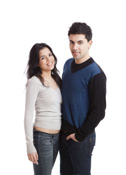 Attractive young couple standing over a white background