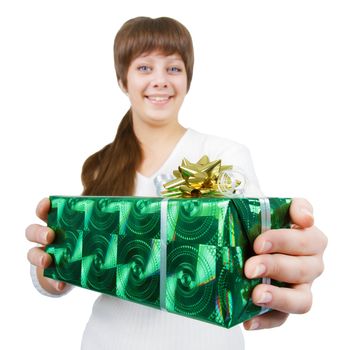 portrait of an attractive young woman with a gift on a white background
