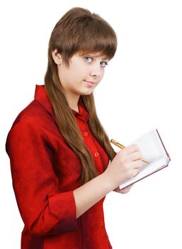 young beautiful girl with a notebook. Isolated white background
