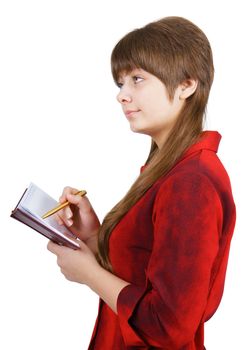 young beautiful girl with a notebook. Isolated white background
