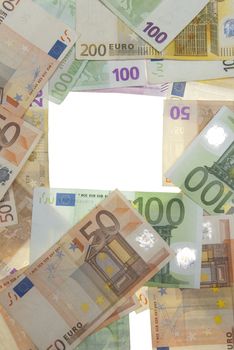 Euro bills on white background,recorded above them.