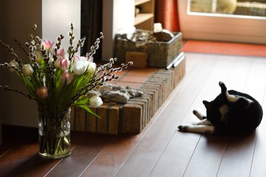 Part of interior with fireplace, cat and bouqet of springflowers - horizontal