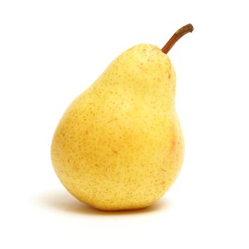 An 8x8 format shot of a ripe pear that is isolated on white.