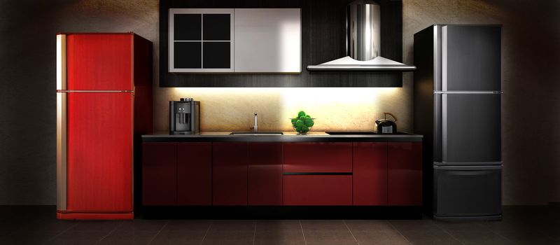 A show room kitchen with light source from door