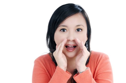 Portrait of a beautiful young woman cheering over white background.