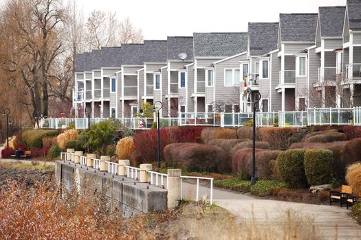 Row of condominiums along the Columbia river in Vancouver Washington state.