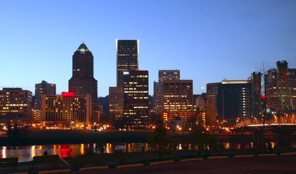 Portland Oregon skyline at dusk in the Fall season.