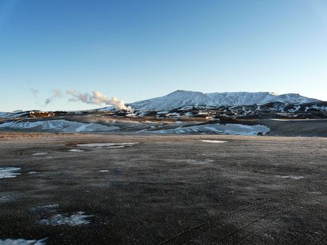 Landscape in northern Iceland in winter with snow on the Krafla volcano.