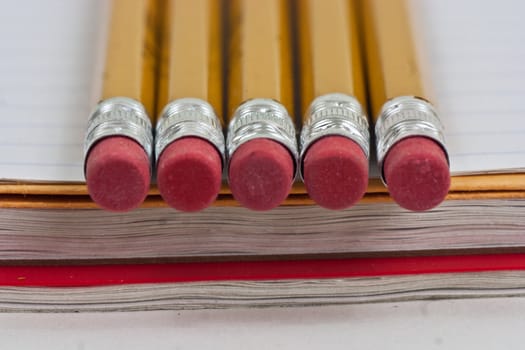 Closup of pencils looking head on, on a white background.