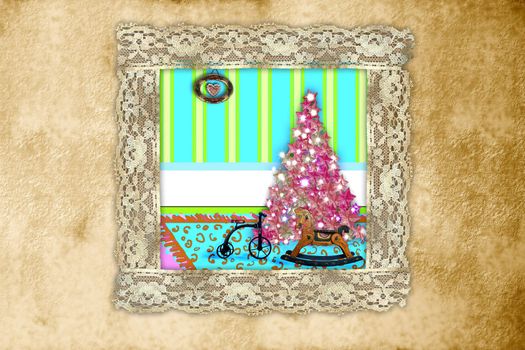 Christmas tree and gifts at home, with lace frame a sepia background