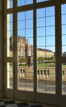 Reggia di Venaria Reale, Italy. Balcony and gardens from inside.