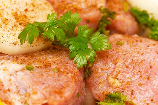 Closeup view of spiced uncooked meat with fresh parsley