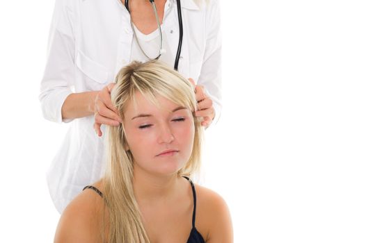 Young girl examined by doctor. Over white background
