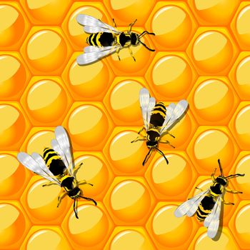 Bees and honeycomb, seamless background design. Ready for print design, no meshes or transparencies used.