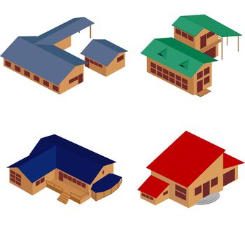 Isometric perspective view of houses over white background, clip art icons. No mesh or gradients used.
