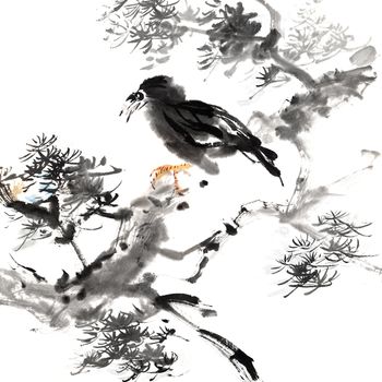 Chinese painting of bird, traditional ink artwork with animal in forest on white background.