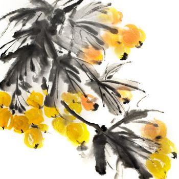Colorful Chinese painting, traditional ink artwork of flowers on white background.