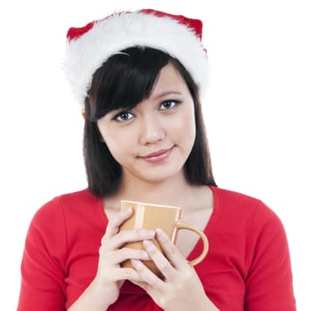 Portrait of a cute Christmas woman holding a cup, isolated on white background