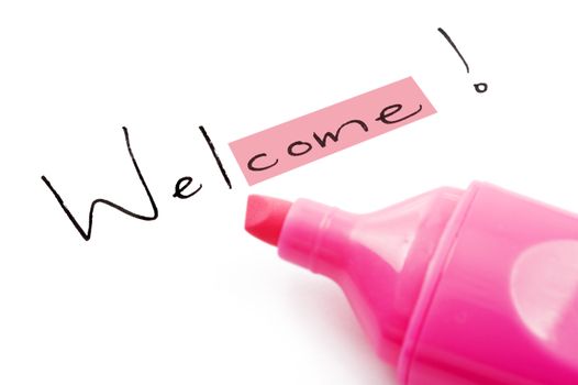 Welcome highlighted in pink on white