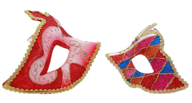 Profile image of two venetian masks isolated against a white background.